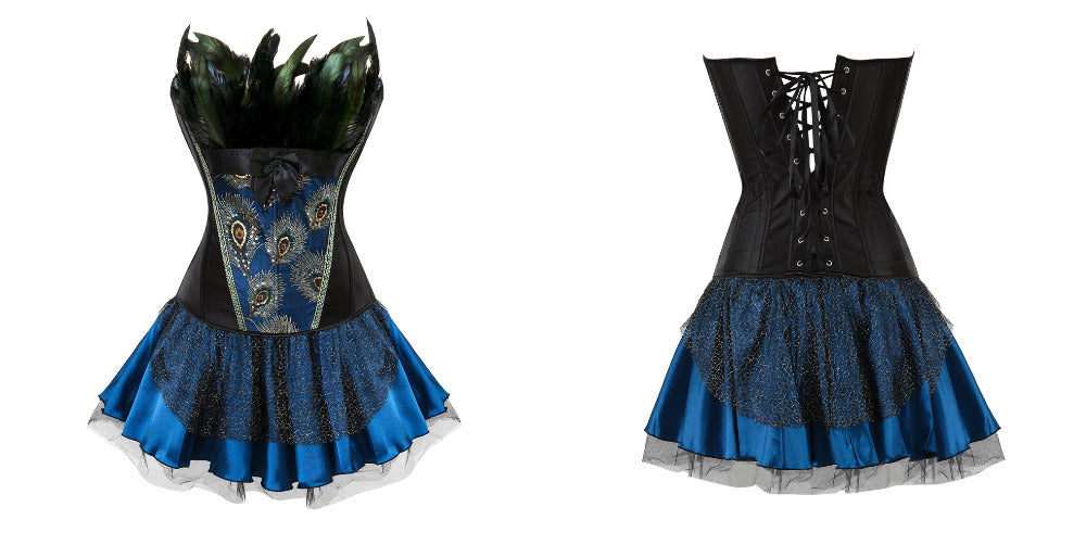 Abito a corsetto Drag Peacock (Corsetto nero / Gonna blu)