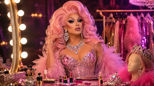 Drag queen con parrucca rosa, corsetto brillante, trucco glamour e gioielli davanti a una postazione trucco.