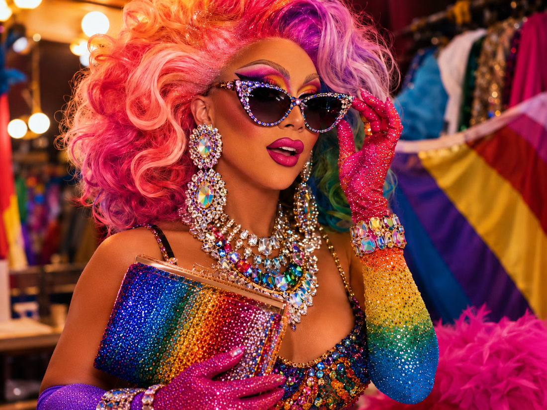 Drag queen con accessori Pride, orecchini grandi, occhiali brillanti, guanti e gioielli da scena.