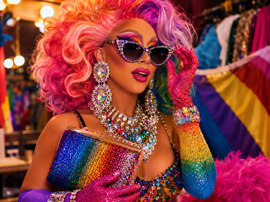 Drag queen con accessori Pride, orecchini grandi, occhiali brillanti, guanti e gioielli da scena.