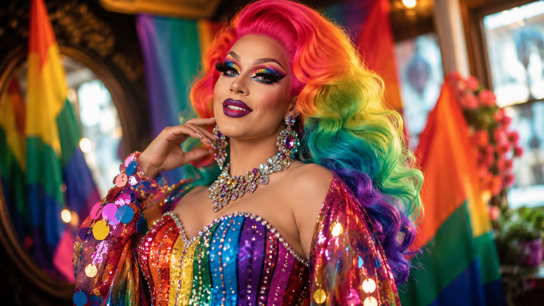 Drag queen con parrucca, corsetto glitter e accessori glamour per un look Pride colorato