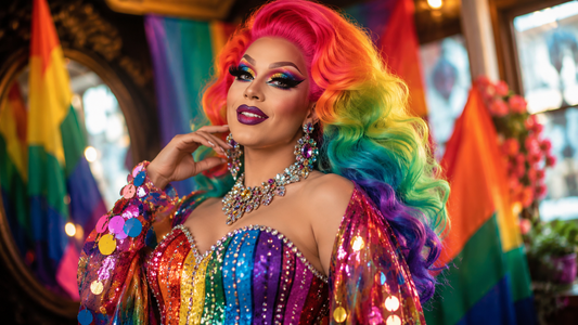 Drag queen con parrucca, corsetto glitter e accessori glamour per un look Pride colorato