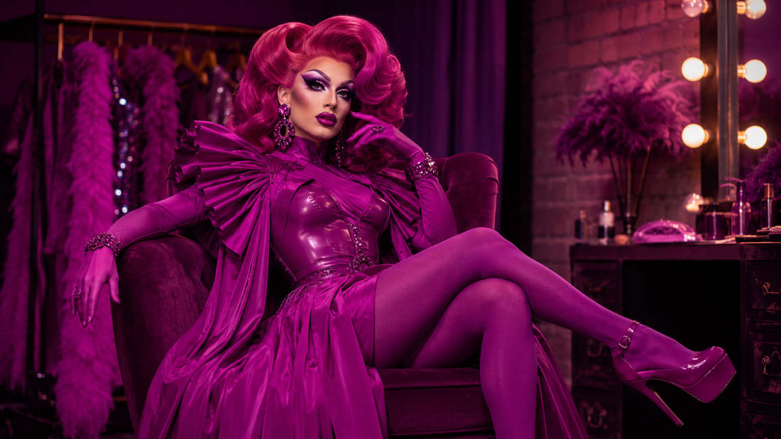 Drag queen con look monocromatico rosa, parrucca voluminosa, corsetto brillante, tacchi e accessori coordinati in camerino glamour.