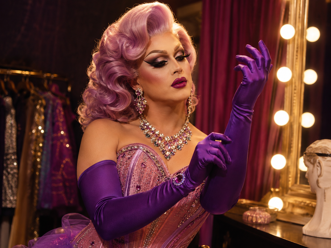 Drag queen in camerino con lunghi guanti brillanti, gioielli vistosi, trucco drammatico e outfit da palco.