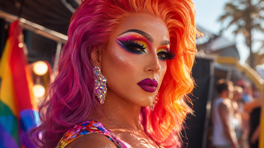Drag queen con trucco resistente al caldo, ciglia drammatiche e look brillante per Pride e festival.