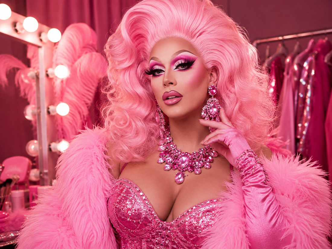 Drag queen con parrucca rosa, trucco glamour, outfit brillante e accessori da palco in tonalità fucsia e rosa.