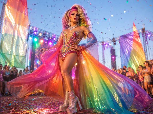 Drag queen con look colorato da Pride e festival, parrucca voluminosa, stivali con plateau e accessori brillanti.